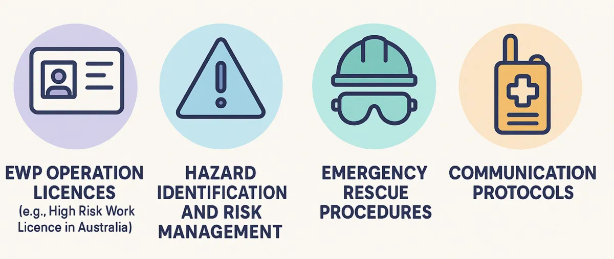 EWP training needs: operator licences such as the High Risk Work Licence, hazard and risk management, rescue procedures and communication