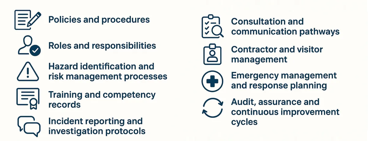 Core safety management system elements: policies, roles, hazard and risk processes, training records, incident reporting, consultation, contractors, emergencies and audits