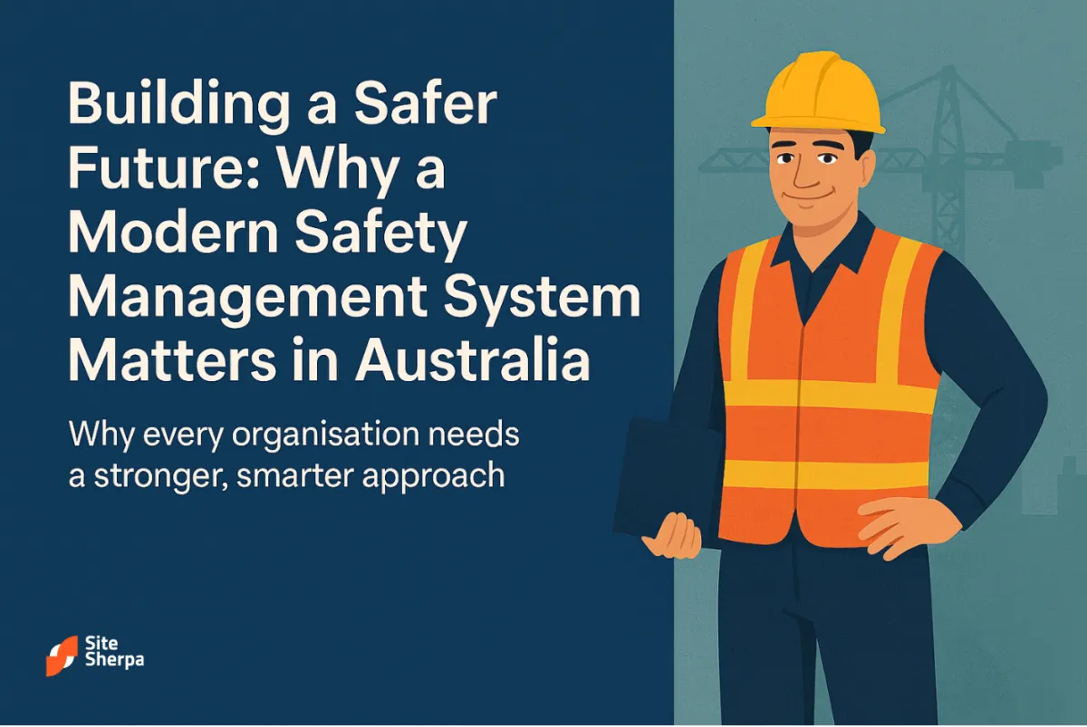 Cover for "Building a Safer Future": smiling worker in hard hat and hi-vis vest beside the case for a modern safety management system in Australia