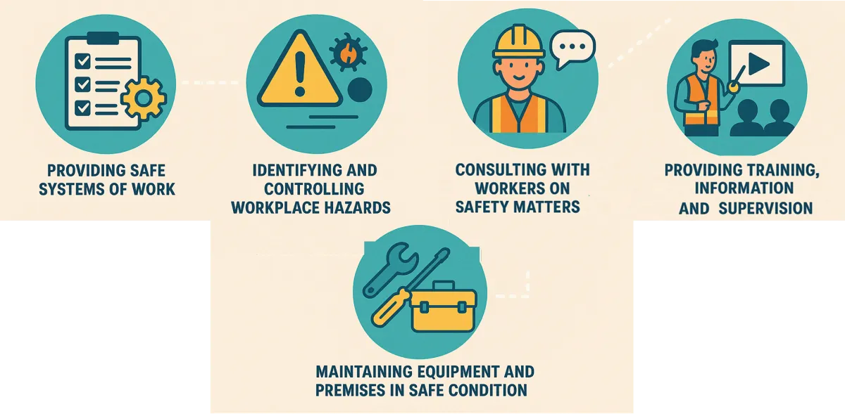 Employer WHS duties: safe systems of work, controlling hazards, consulting workers, training and supervision, and maintaining equipment and premises