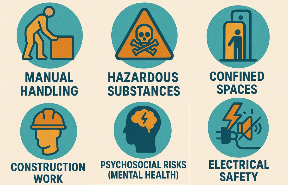 Key workplace hazards: manual handling, hazardous substances, confined spaces, construction work, psychosocial risks and electrical safety