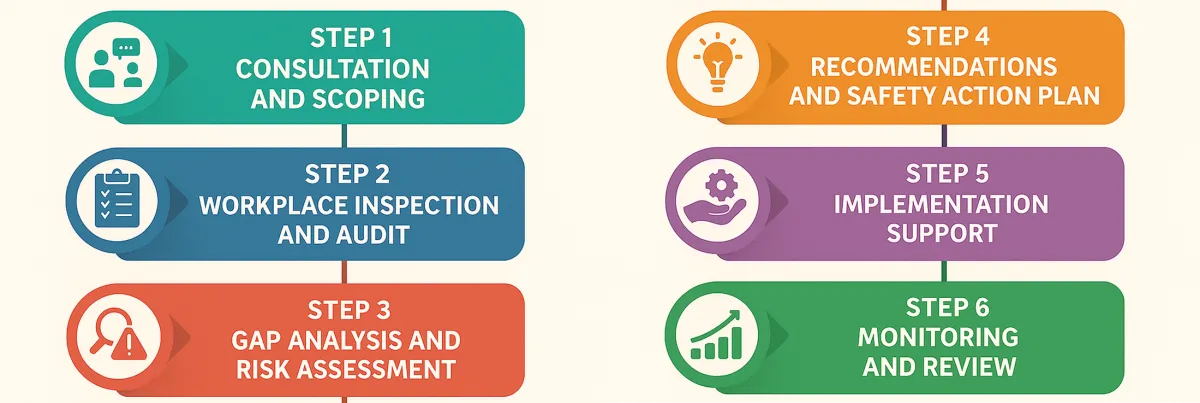 Six-step consulting process: consultation and scoping, workplace inspection, gap analysis, recommendations, implementation support, and monitoring and review