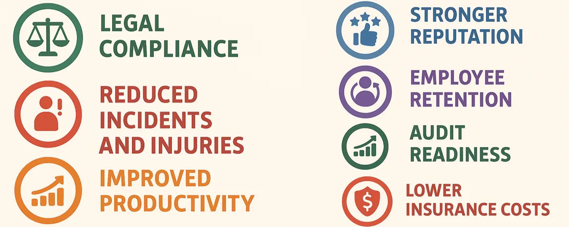 Benefits of a safety consultant: legal compliance, fewer incidents, productivity, reputation, employee retention, audit readiness and lower insurance costs