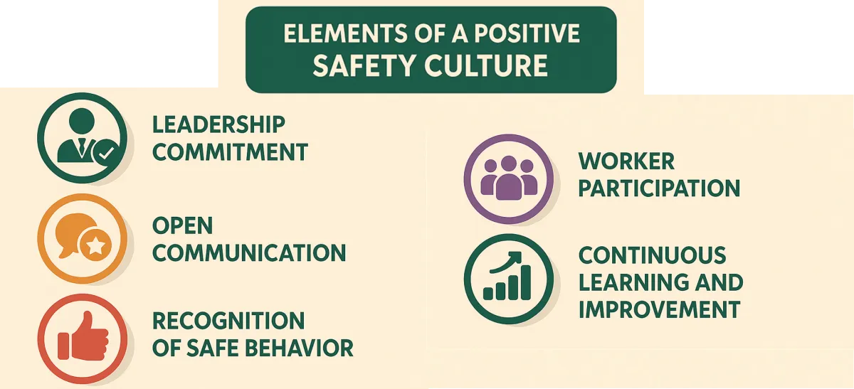 Elements of a positive safety culture: leadership commitment, open communication, recognising safe behaviour, worker participation and continuous improvement