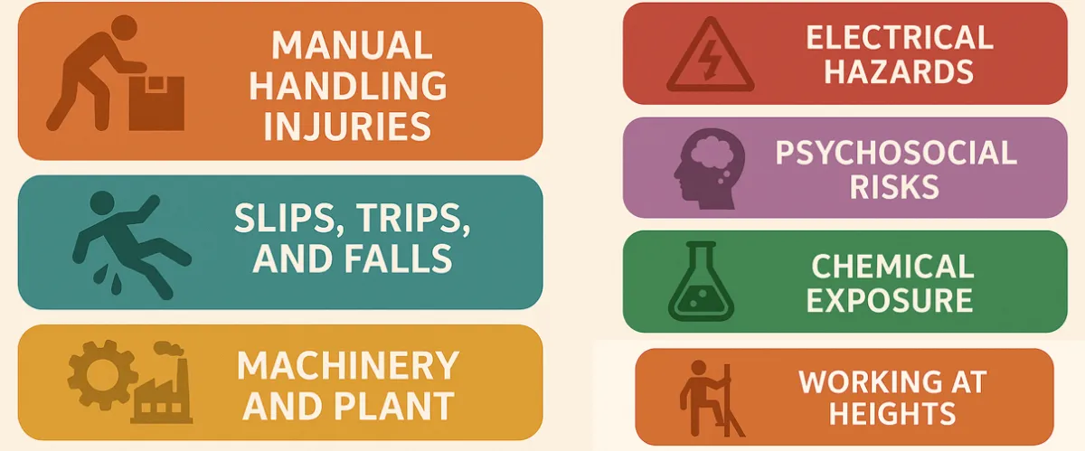 Common workplace hazards: manual handling injuries, slips, trips and falls, machinery and plant, electrical hazards, psychosocial risks, chemicals and working at heights