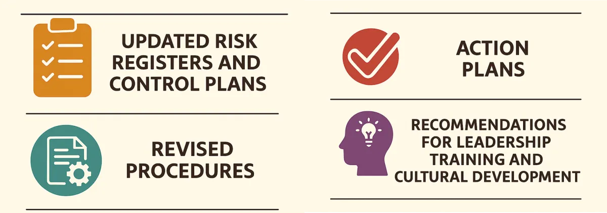 Consultant deliverables: updated risk registers and control plans, revised procedures, action plans, and leadership and cultural development recommendations