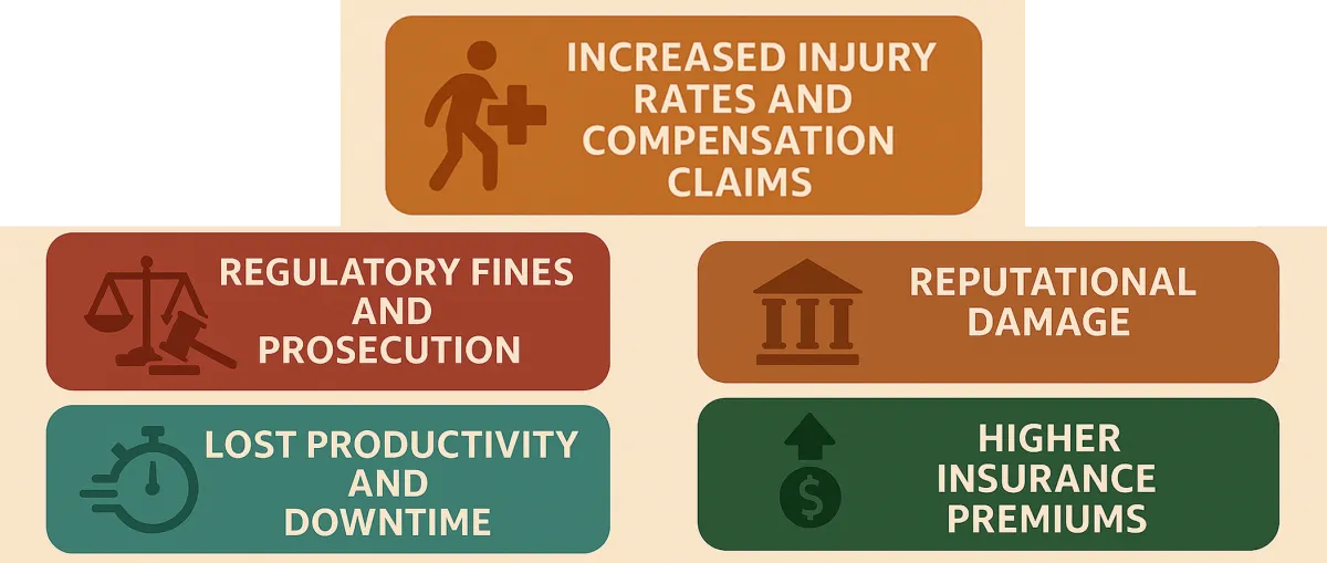 Costs of poor safety: injury and compensation claims, regulatory fines, reputational damage, lost productivity and higher insurance premiums