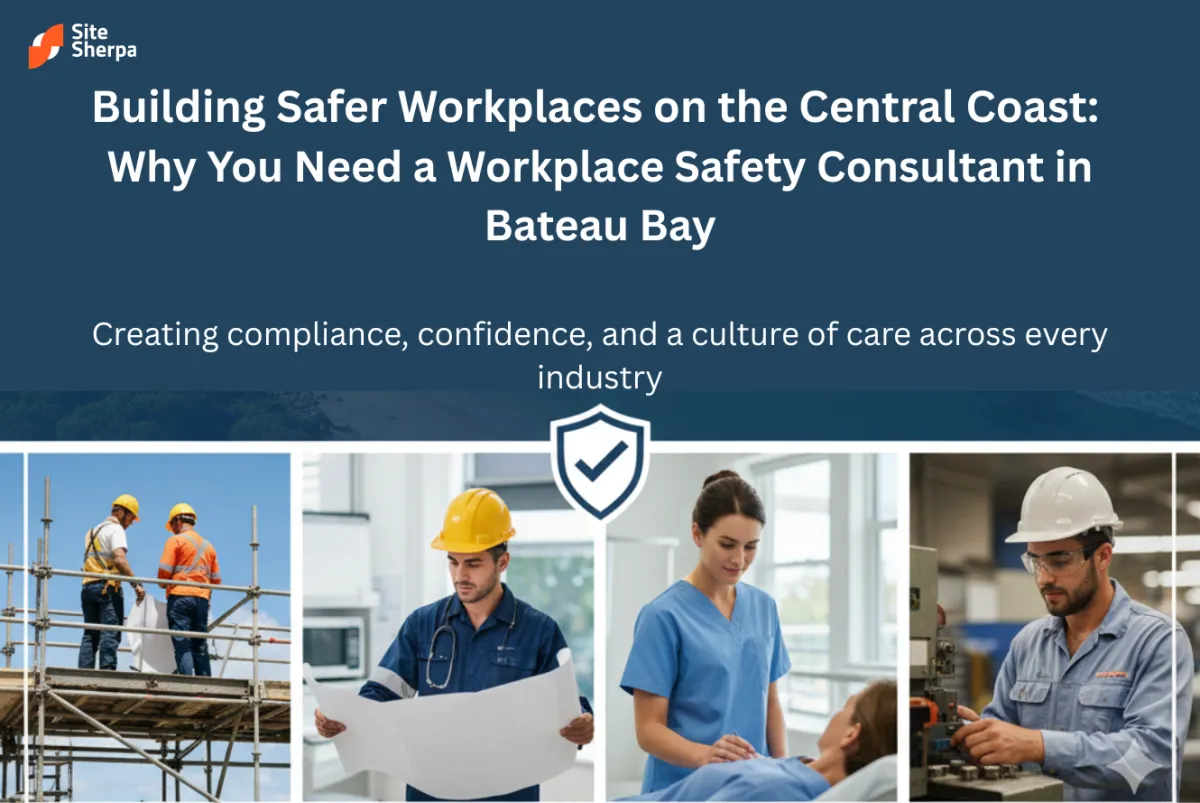 Cover for Bateau Bay workplace safety consulting: scaffold workers, an engineer with plans, a nurse with a patient and a machine operator