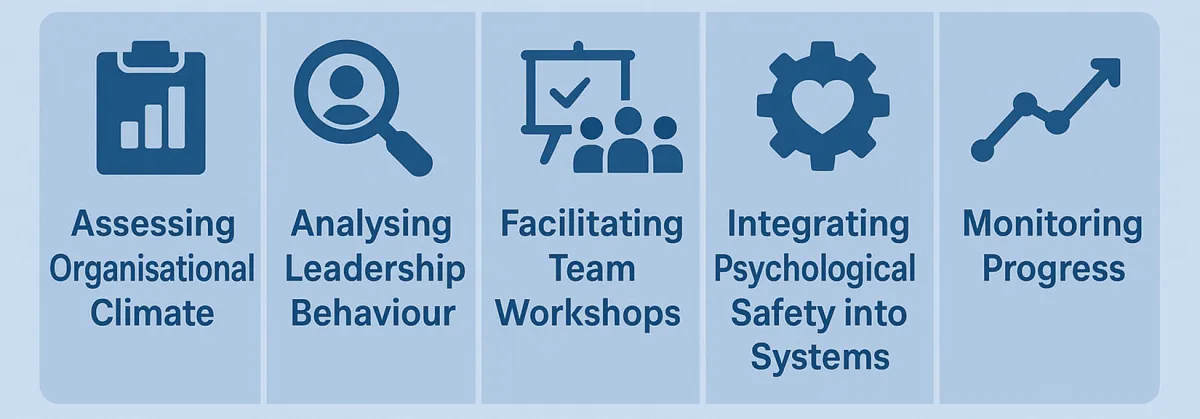 What a psychological safety consultant does: assesses climate, analyses leadership behaviour, runs workshops, integrates systems and monitors progress