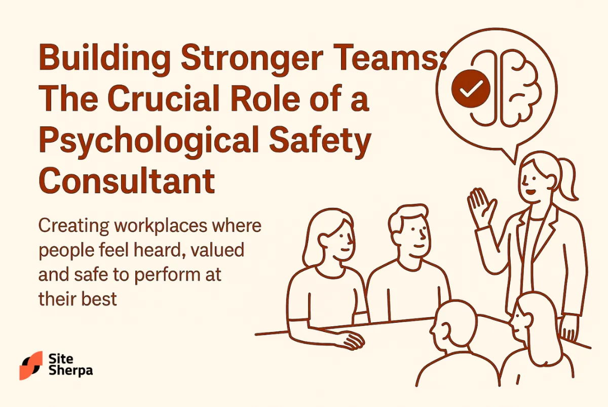 Cover for the psychological safety consultant article: line drawing of a consultant leading a team discussion, with a brain and tick speech bubble