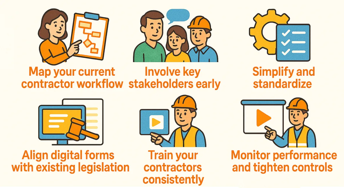 Implementation tips: map your workflow, involve stakeholders, standardise, align forms with legislation, train contractors and monitor performance