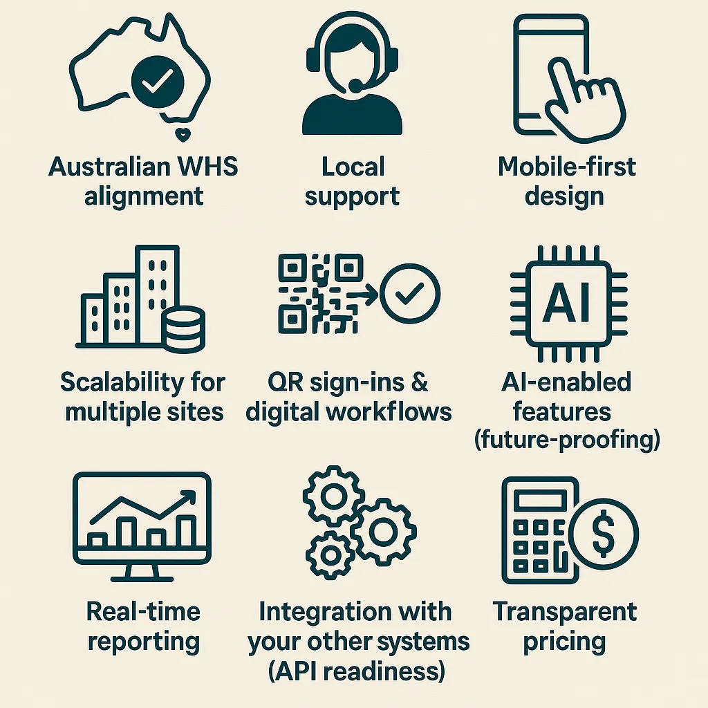 What to look for: Australian WHS alignment, local support, mobile-first design, scalability, QR workflows, AI, reporting, integrations and pricing