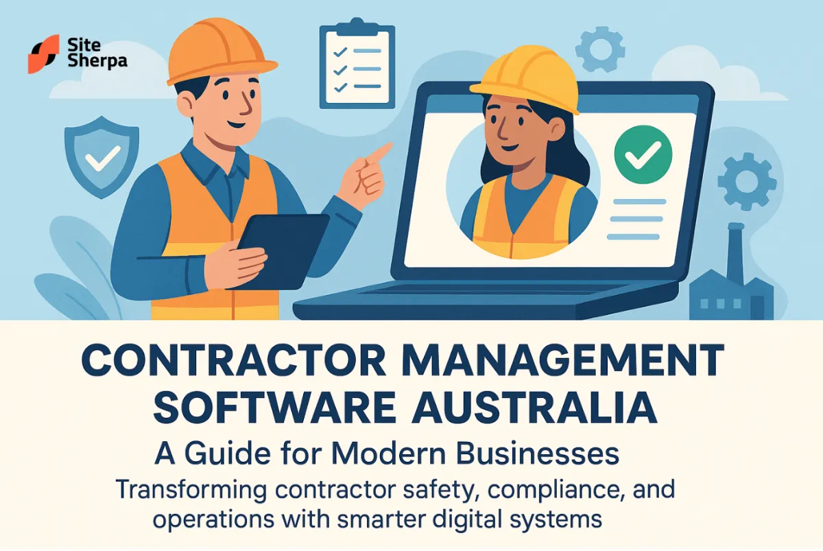 Site supervisor with tablet verifying a contractor on a laptop, illustrating contractor management software for Australian businesses