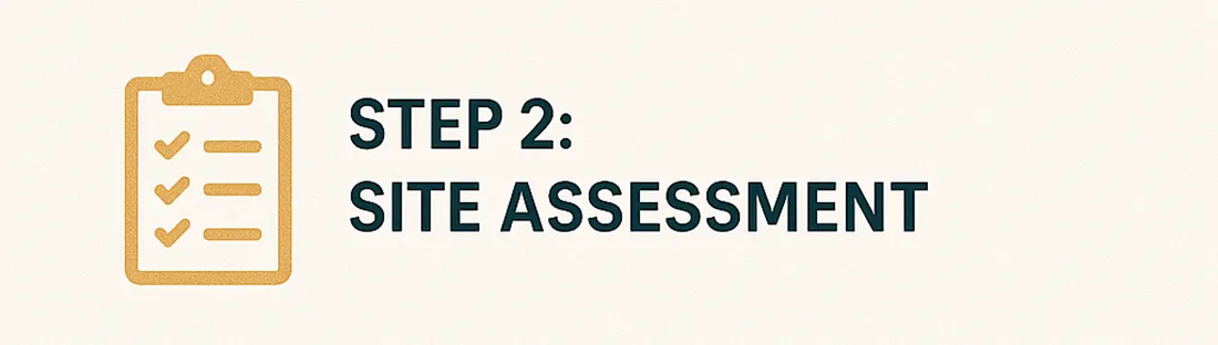 Step 2 of the consulting process: site assessment, shown with checklist clipboard icon