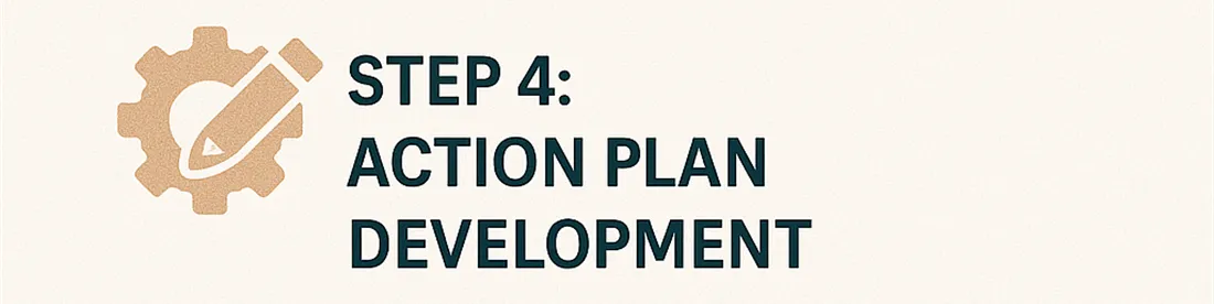 Step 4 of the consulting process: action plan development, shown with gear and pencil icon