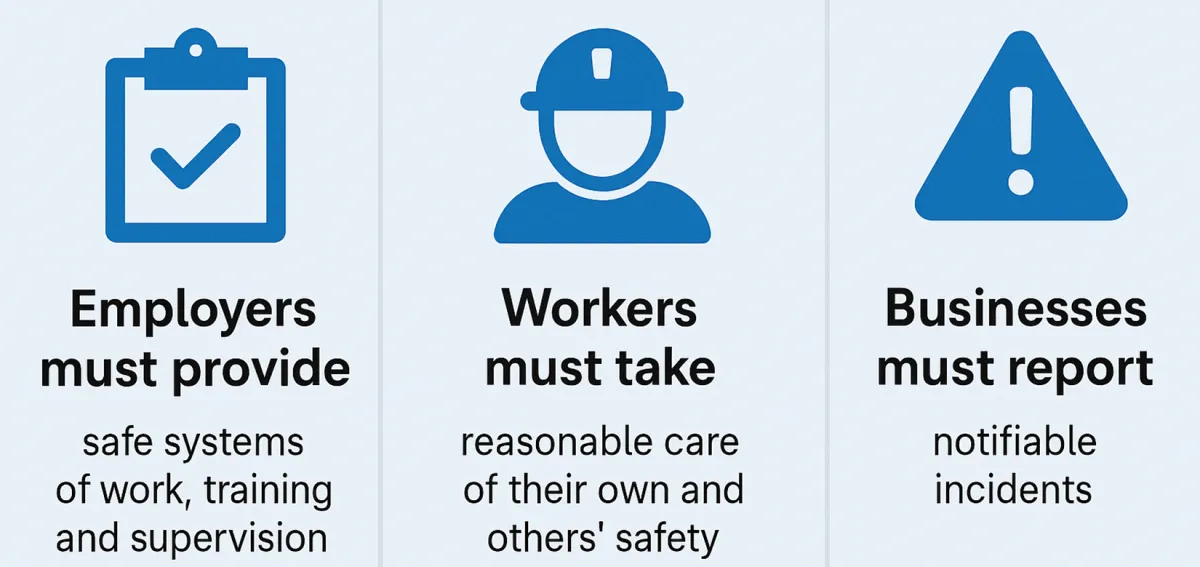 WHS duties: employers must provide safe systems, training and supervision; workers must take reasonable care; businesses must report notifiable incidents
