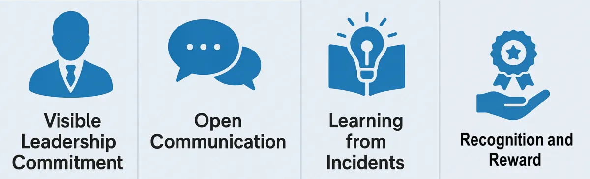 Elements of a strong safety culture: visible leadership commitment, open communication, learning from incidents, and recognition and reward