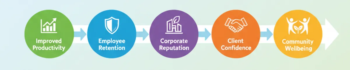 Flow of safety benefits: improved productivity, employee retention, corporate reputation, client confidence and community wellbeing