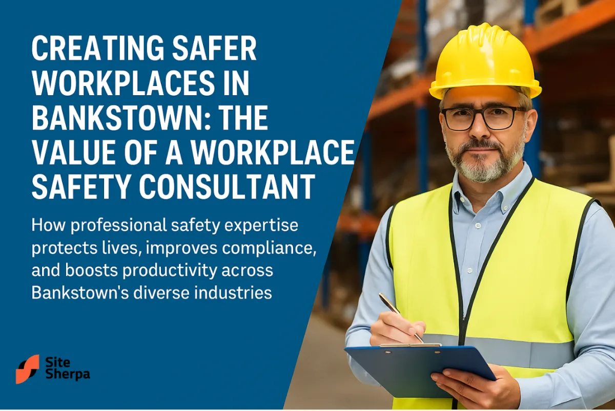 Safety consultant in hard hat and hi-vis vest holding a clipboard in a warehouse, beside the title about safer workplaces in Bankstown