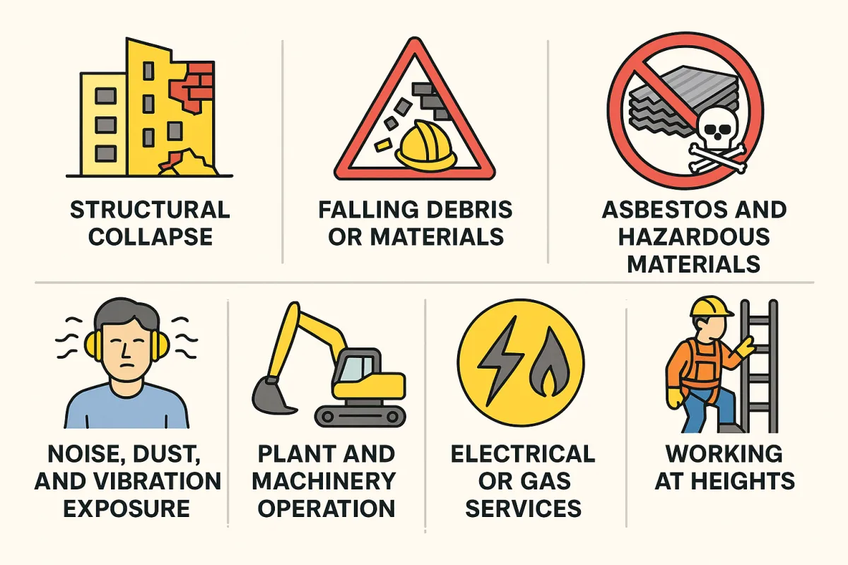 Demolition hazards: structural collapse, falling debris, asbestos, noise and dust, plant and machinery, electrical or gas services and working at heights