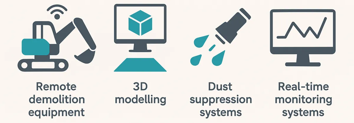 Demolition safety technology: remote demolition equipment, 3D modelling, dust suppression systems and real-time monitoring
