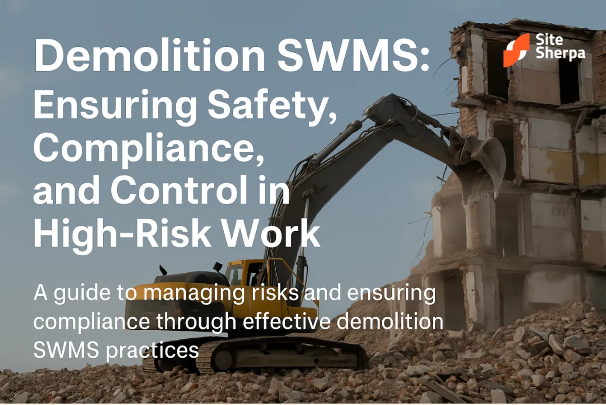 Cover for the demolition SWMS guide: excavator tearing down a multi-storey building amid rubble