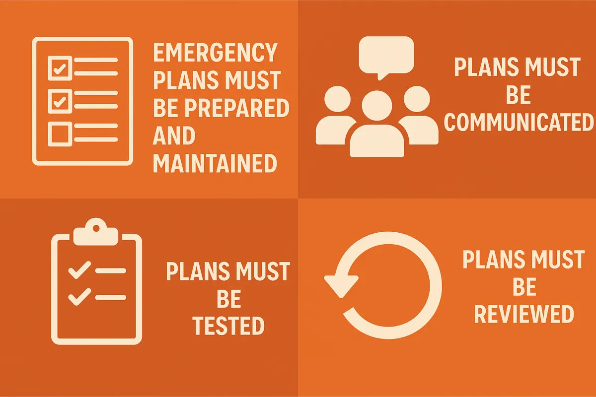Legal requirements for emergency plans: they must be prepared and maintained, communicated, tested and reviewed