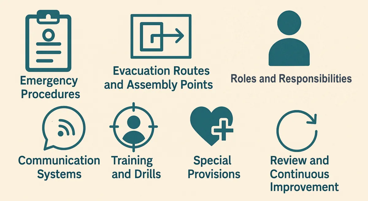 Key elements of an evacuation plan: procedures, routes and assembly points, roles, communication, training and drills, special provisions and review