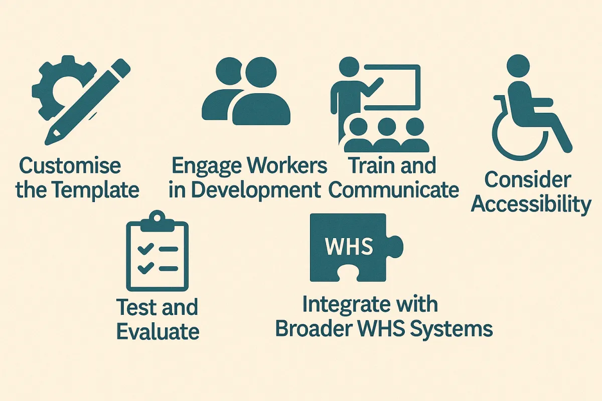 Tips for using an evacuation template: customise it, engage workers, train and communicate, consider accessibility, test, and integrate with WHS systems