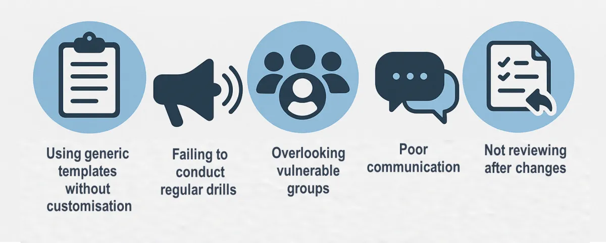 Common evacuation planning mistakes: generic templates, skipping drills, overlooking vulnerable groups, poor communication and not reviewing after changes
