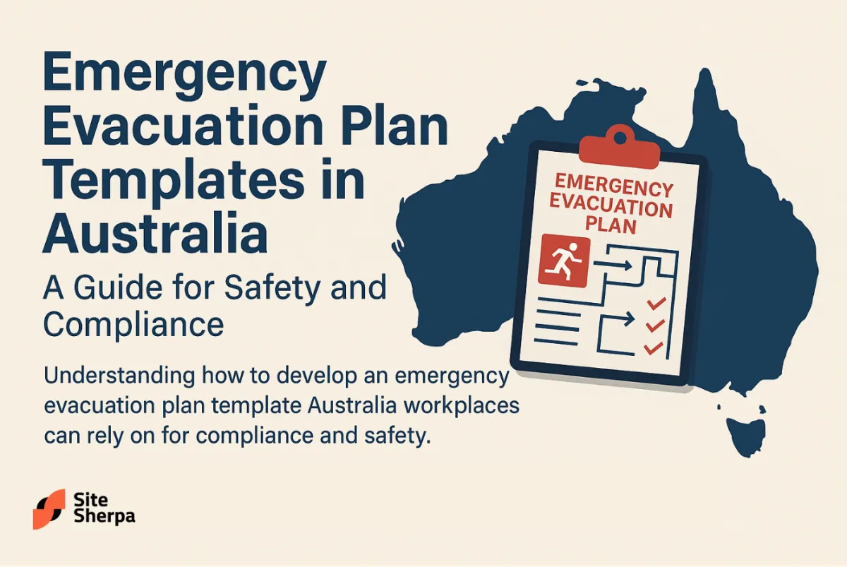 Emergency evacuation plan clipboard over a map of Australia, with the title about evacuation plan templates for safety and compliance