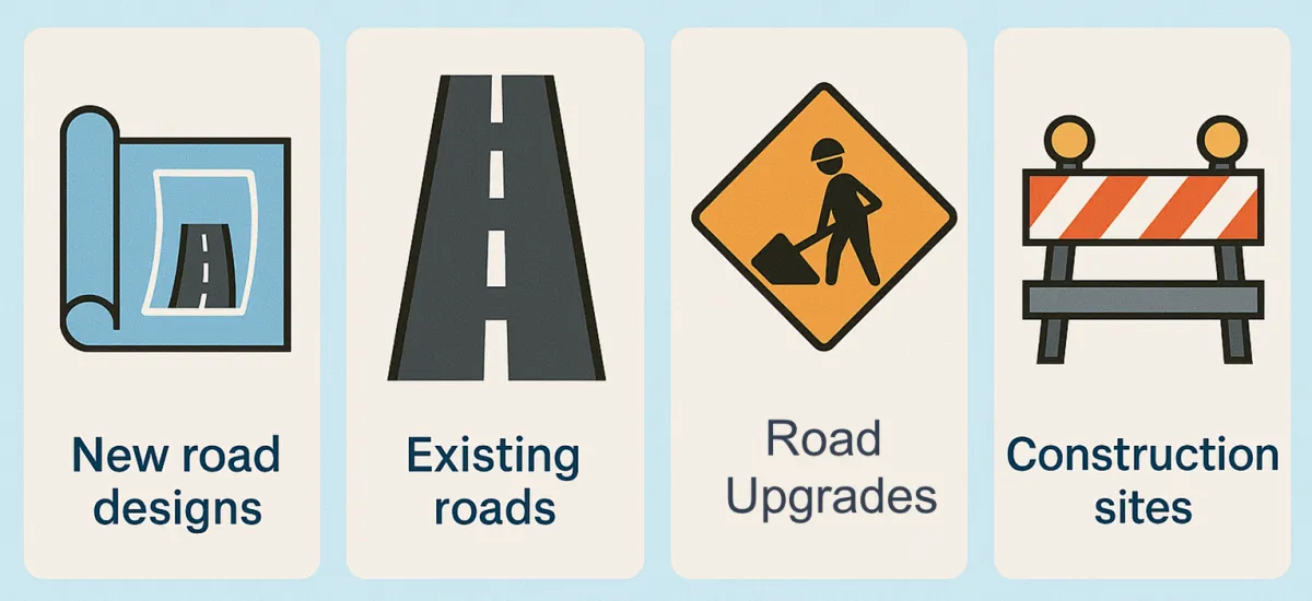 Where road safety audits apply: new road designs, existing roads, road upgrades and construction sites