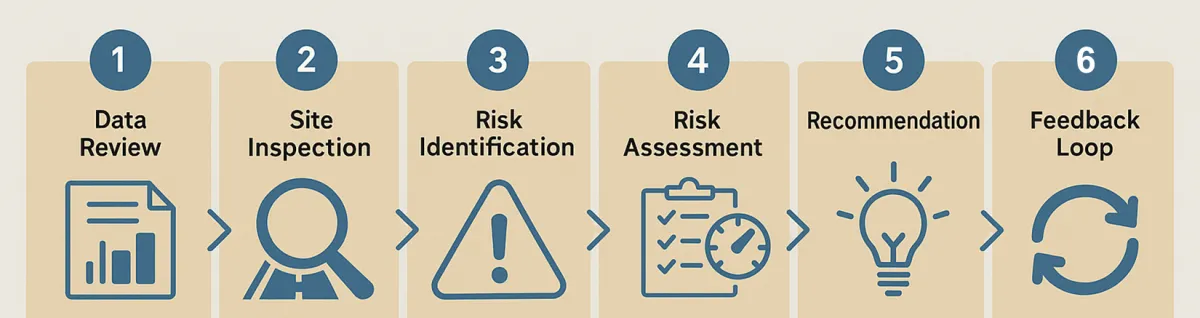 Road safety audit process: data review, site inspection, risk identification, risk assessment, recommendation and feedback loop