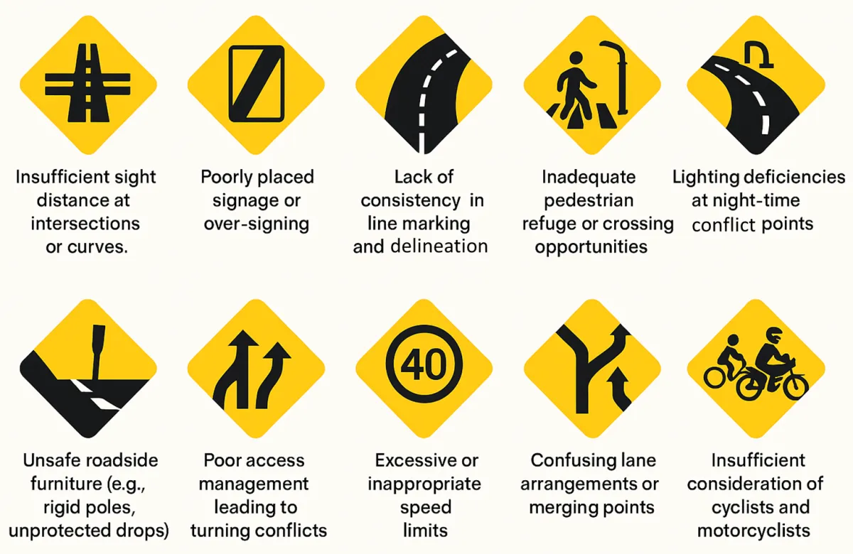 Common road safety audit findings shown as yellow warning signs, including poor sight distance, signage, line marking, lighting, speed limits and lane arrangements