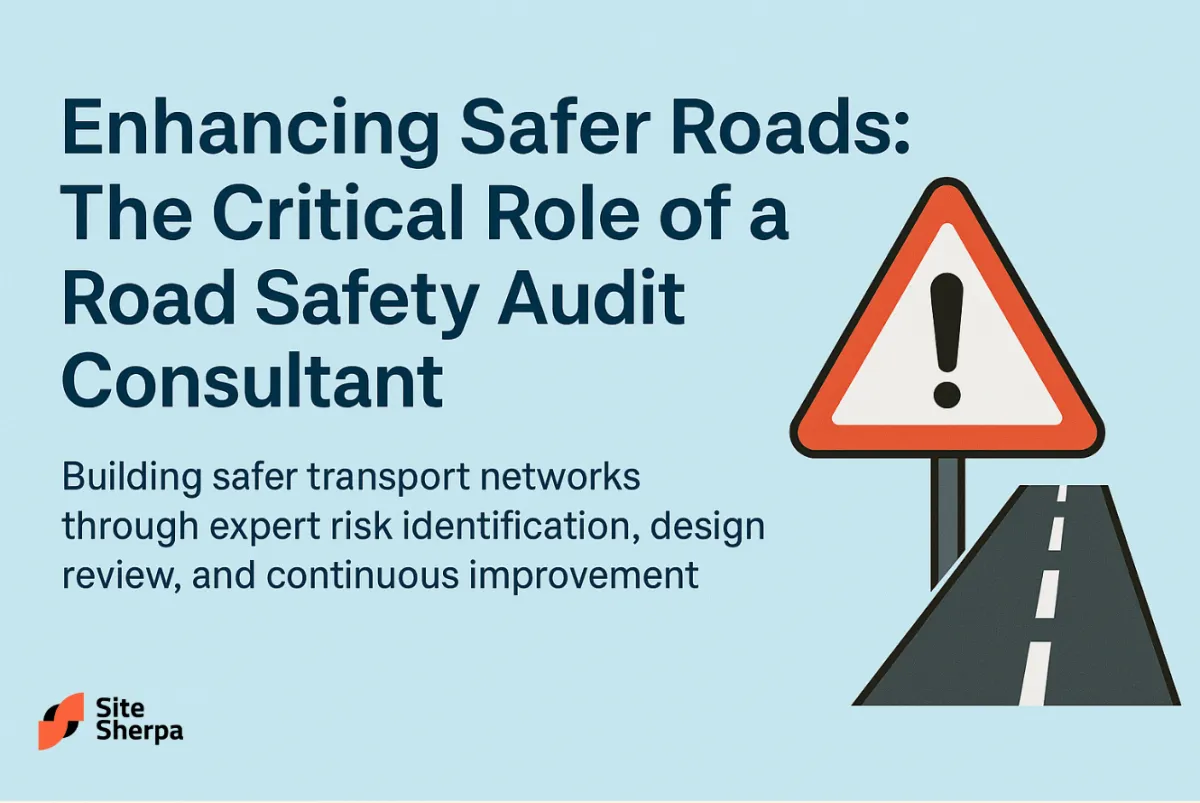 Red warning road sign beside a stretch of road, with the title about the role of a road safety audit consultant