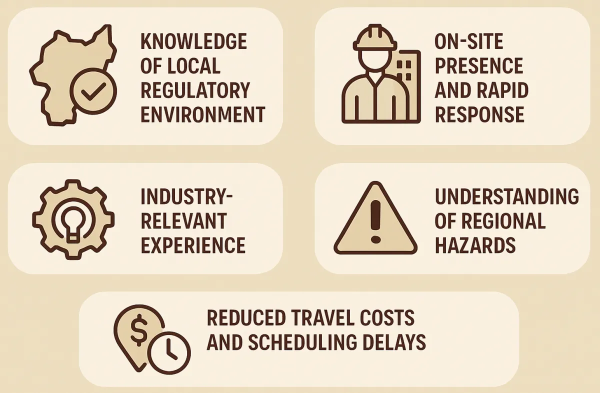 Benefits of local machine safety consultants: regulatory knowledge, on-site rapid response, industry experience, understanding of regional hazards and lower travel costs