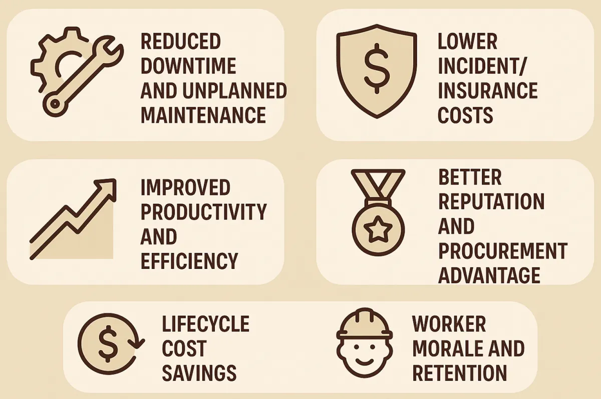 Business benefits of machine safety: less downtime, lower incident and insurance costs, higher productivity, better reputation, lifecycle savings and worker morale