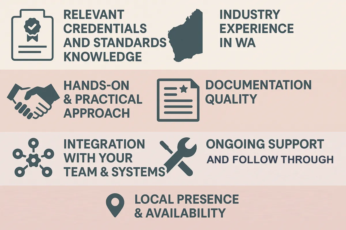 Choosing a machine safety consultant: credentials, WA industry experience, practical approach, documentation quality, team integration, ongoing support and local presence