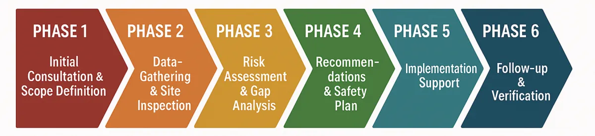 Six-phase machine safety engagement: consultation and scope, data gathering and site inspection, risk and gap analysis, recommendations, implementation and follow-up