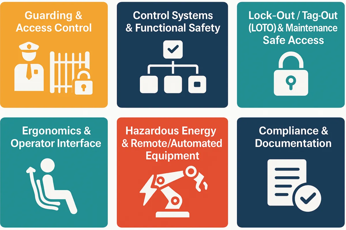 Machine safety focus areas: guarding, control systems and functional safety, lock-out/tag-out, ergonomics, hazardous energy and automation, and compliance documentation