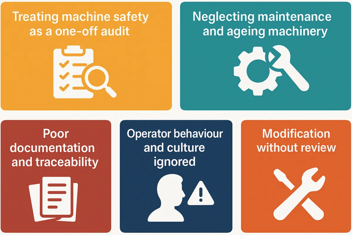 Common machine safety mistakes: one-off audits, neglected ageing machinery, poor documentation, ignoring operator behaviour and modifications without review