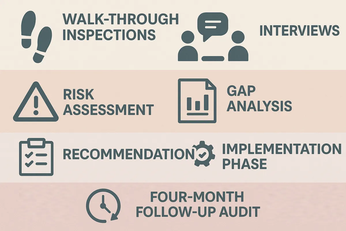 Machine safety consultant process: walk-through inspections, interviews, risk assessment, gap analysis, recommendations, implementation and a four-month follow-up audit