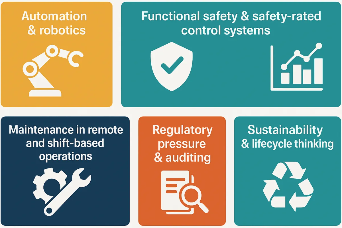 Machine safety trends: automation and robotics, functional safety systems, remote and shift-based maintenance, regulatory auditing, and sustainability and lifecycle thinking
