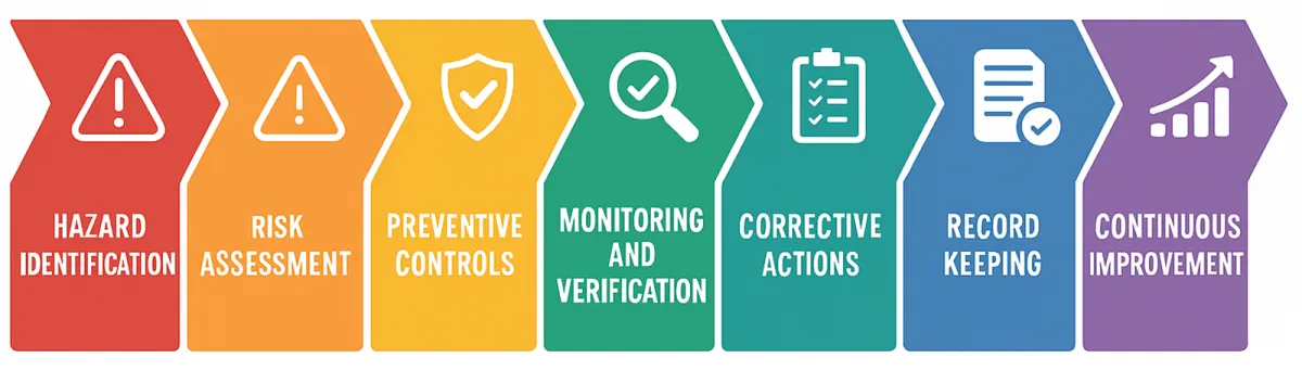 Food safety process steps: hazard identification, risk assessment, preventive controls, monitoring, corrective actions, record keeping and continuous improvement