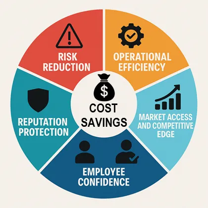Benefits of food safety consulting: cost savings, risk reduction, efficiency, market access, employee confidence and reputation protection