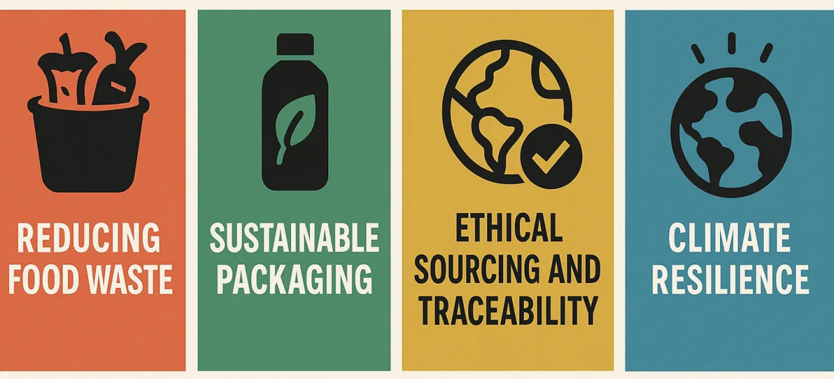 Food safety sustainability trends: reducing food waste, sustainable packaging, ethical sourcing and traceability, and climate resilience
