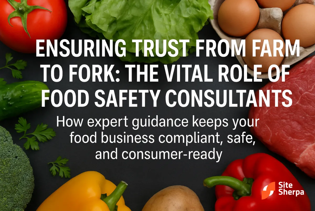 Food safety consultants cover with fresh produce, eggs and meat around the title Ensuring Trust from Farm to Fork