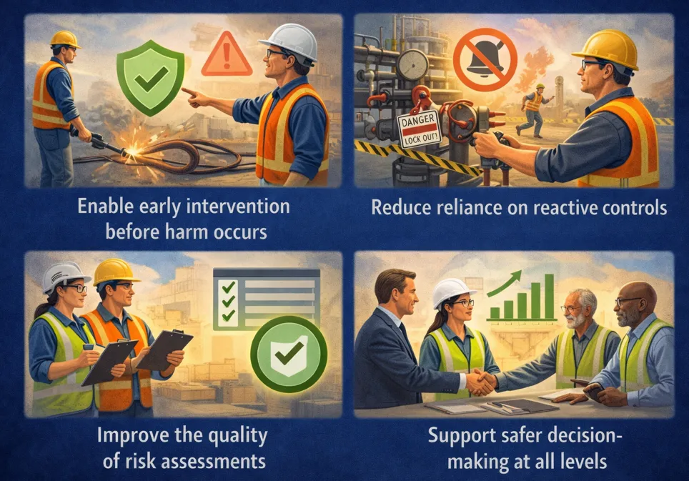 Benefits of hazard identification: early intervention before harm occurs, less reliance on reactive controls, better risk assessments and safer decision-making at all levels