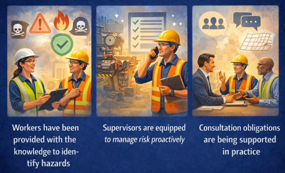 Three panels showing workers trained to identify hazards, supervisors equipped to manage risk proactively, and consultation obligations supported in practice