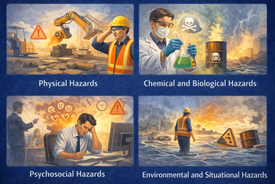 Four hazard categories covered in training: physical, chemical and biological, psychosocial, and environmental and situational hazards